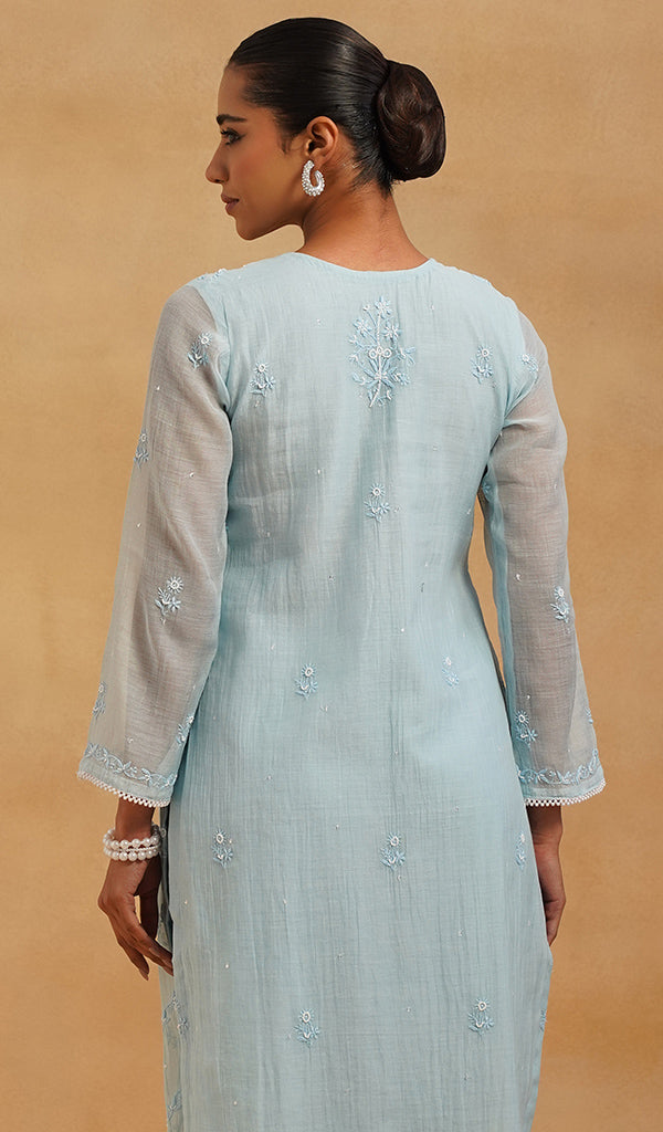 Saziya Women's Lakhnavi Handcrafted Mul Chanderi Chikankari Stitched Kurta, Dupatta And Pant Set - HONC0464646