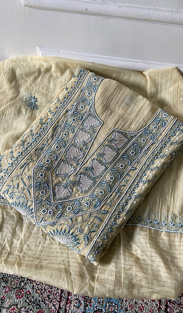 Women's Lakhnavi Handcrafted Mul Chanderi Semi - Stitched Kurta And Dupatta Set - HONC0376015