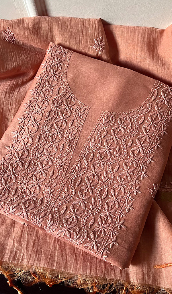 Women's Lucknowi Handcrafted Chanderi Silk Chikankari Full Suit Material - HONC265290