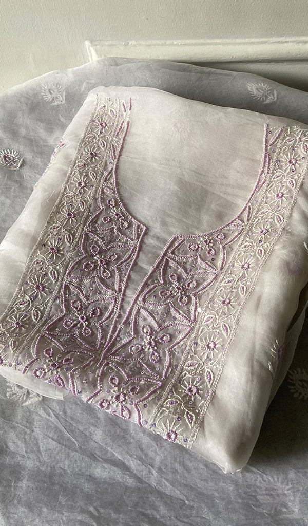 Women's Lakhnavi Handcrafted Pure Organza Chikankari Unstitched Kurta And Dupatta Set- HONC0307961