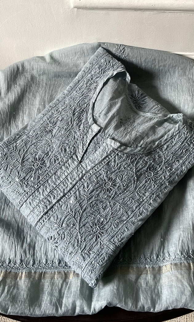 Women's Lakhnavi Handcrafted Mul Chanderi Semi - stitched Chikankari Full Suit Material - HONC0319558