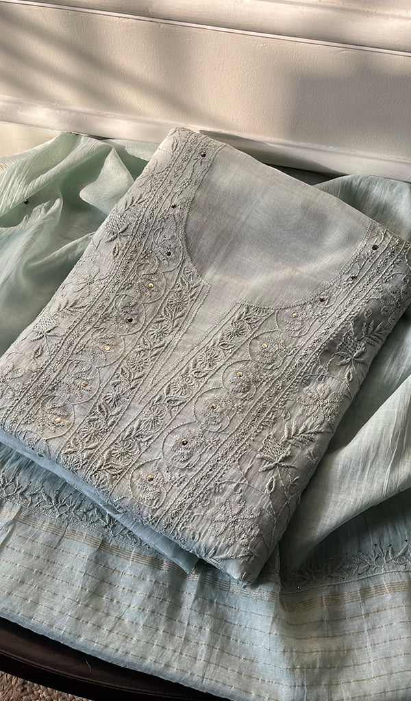 Women's Lakhnavi Handcrafted Mul Chanderi Chikankari Full Suit Material - HONC0270736