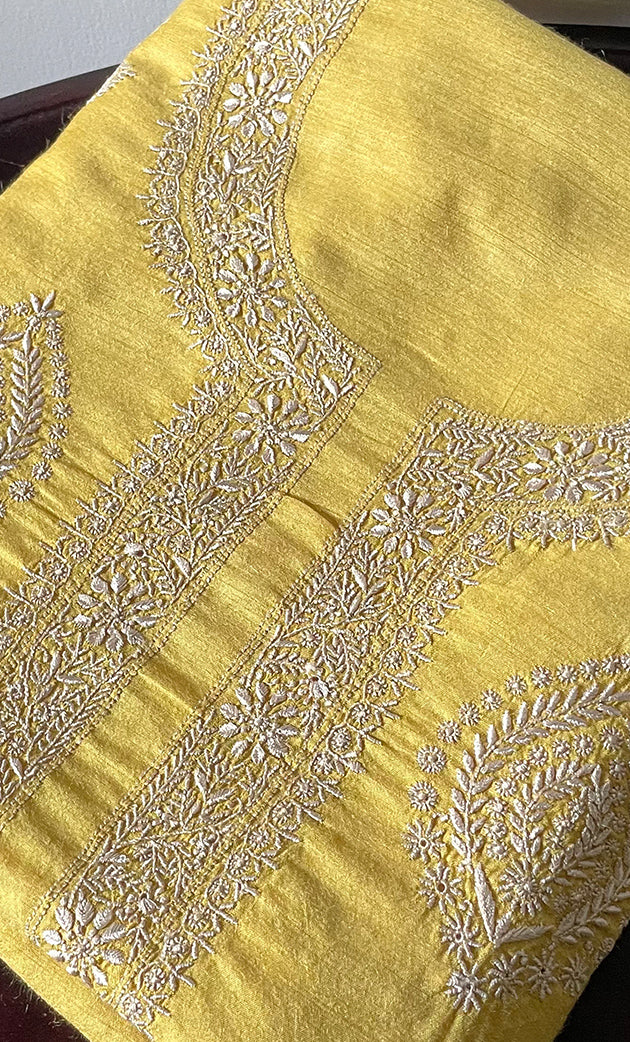 Lucknowi Handcrafted Munga Silk Chikankari Unstitched Men's Kurta Fabric - HONC0327310