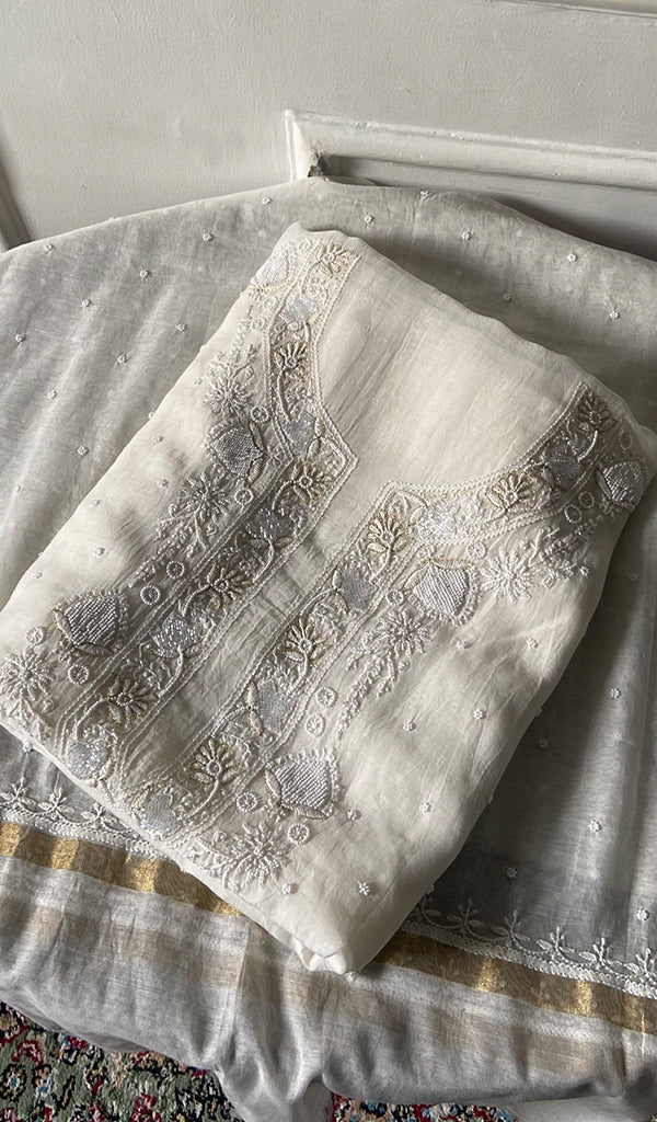 Women's Lakhnavi Handcrafted Mul Chanderi Unstitched Kurta And Dupatta Set - HONC0342904