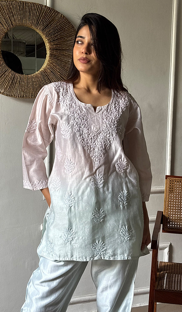 Riddhi Women's Lakhnavi Handcrafted Chanderi Silk Chikankari Top And Pant Set - HONC0360683