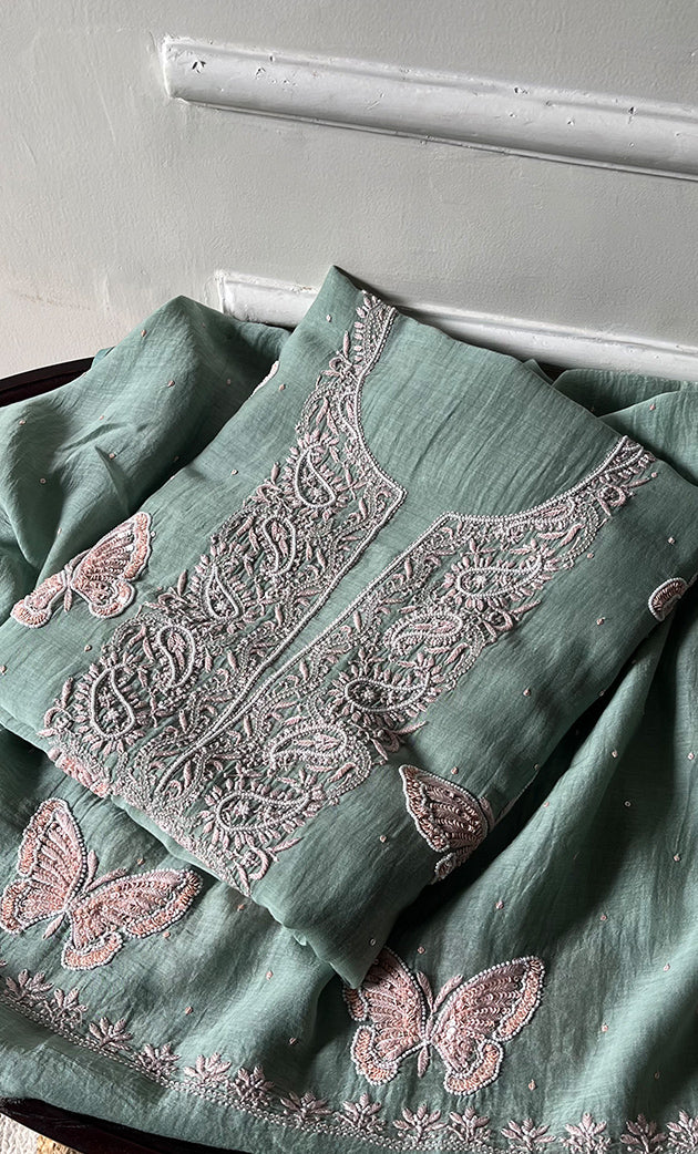 Women's Lakhnavi Handcrafted Mul Chanderi Unstitched Kurta And Dupatta Set - HONC0302248