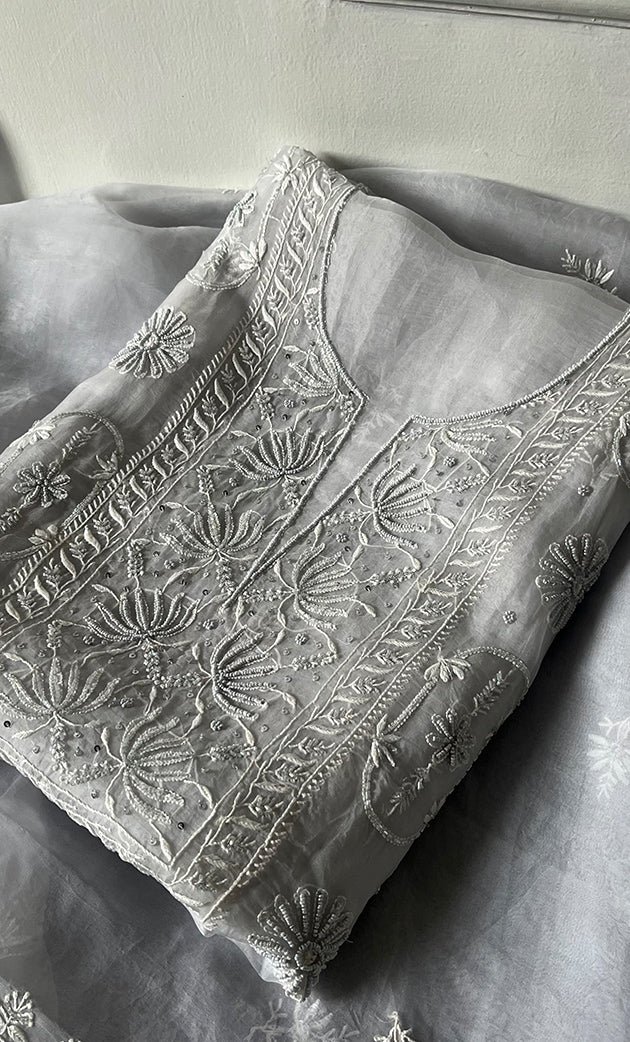 Women's Lakhnavi Handcrafted Pure Organza Chikankari Unstitched Kurta And Dupatta Set- HONC0311253