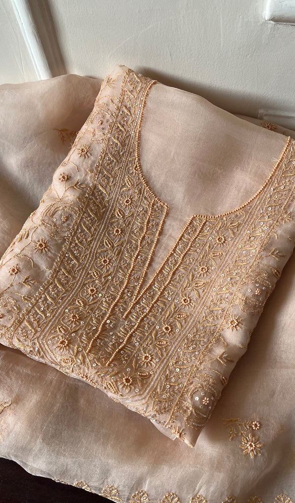 Women's Lakhnavi Handcrafted Pure Organza Chikankari Unstitched Kurta And Dupatta Set- HONC0267058