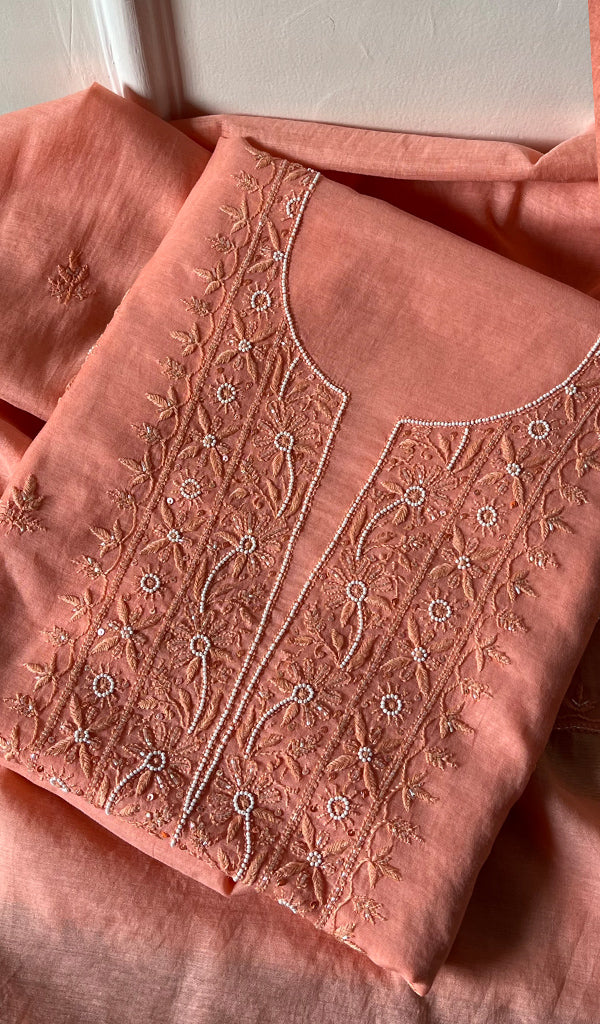 Women's Lakhnavi Handcrafted Mul Chanderi Chikankari Full Suit Material - HONC0271175