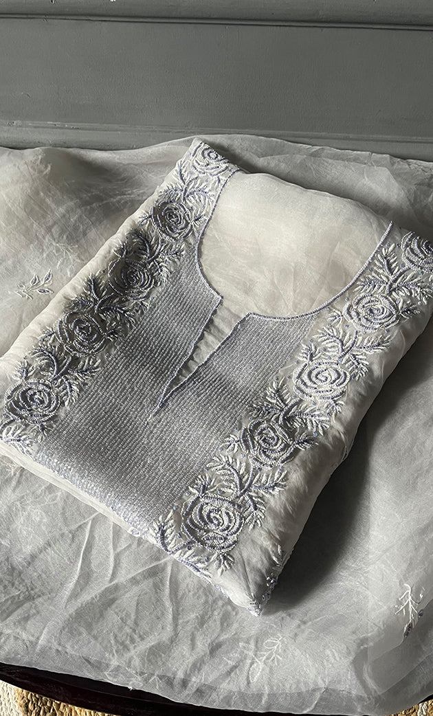 Women's Lakhnavi Handcrafted Pure Organza Chikankari Unstitched Kurta And Dupatta Set- HONC0305196