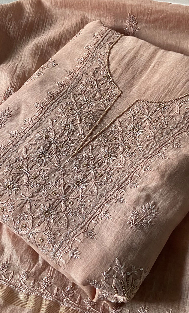 Women's Lakhnavi Handcrafted Mul Chanderi Unstitched Chikankari Full Suit Material - HONC0328132