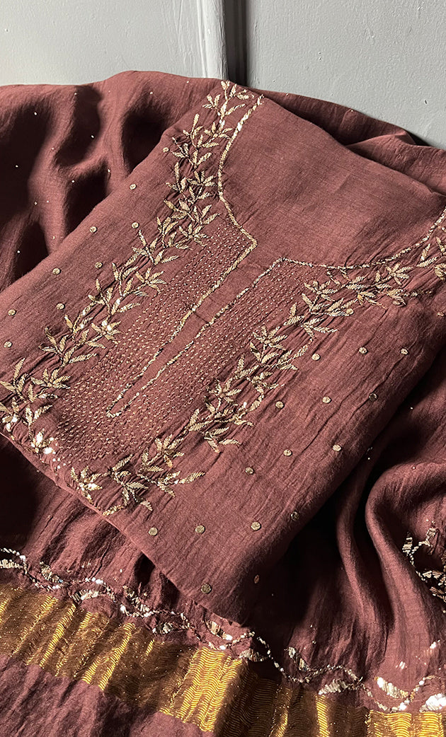 Women's Lakhnavi Handcrafted Mul Chanderi Chikankari Full Suit Material - HONC0153812