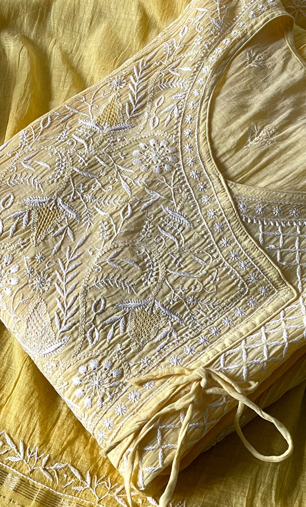 Women's Lakhnavi Handcrafted Mul Chanderi Semi - Stitched Kurta And Dupatta Set - HONC0289398