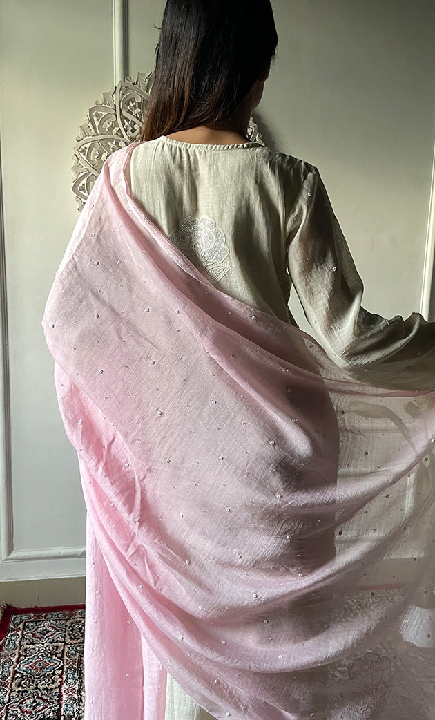 Women's Lakhnavi Handcrafted Mul Chanderi Chikankari Stitched Kurta, Dupatta And Pant Set - HONC0324259