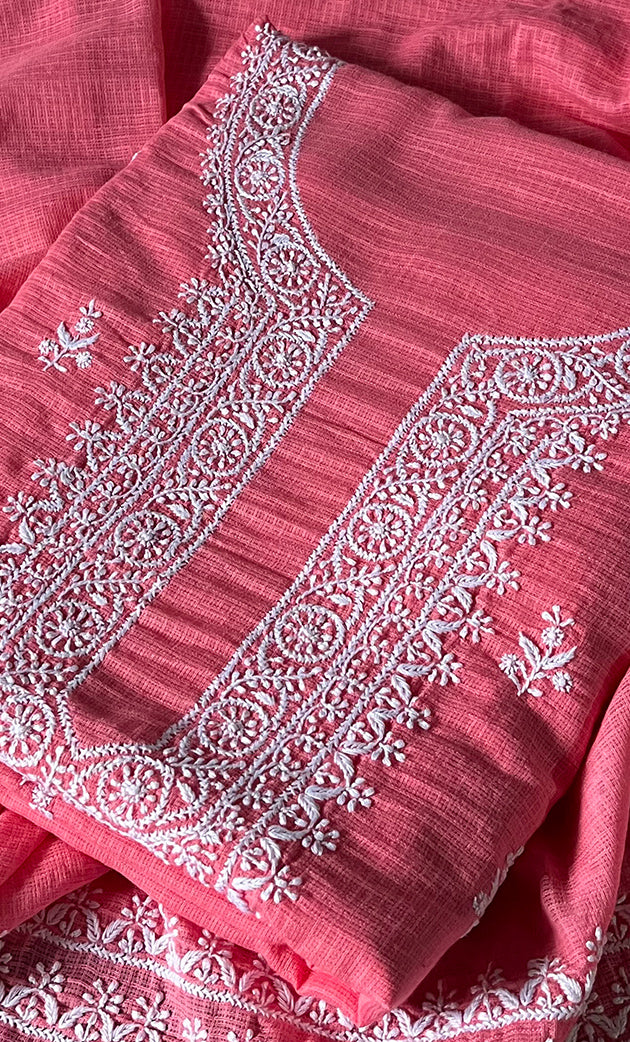 Women's Lucknowi Handcrafted Kota Cotton Chikankari Unstitched  Kurta And Dupatta Set - HONC0305970