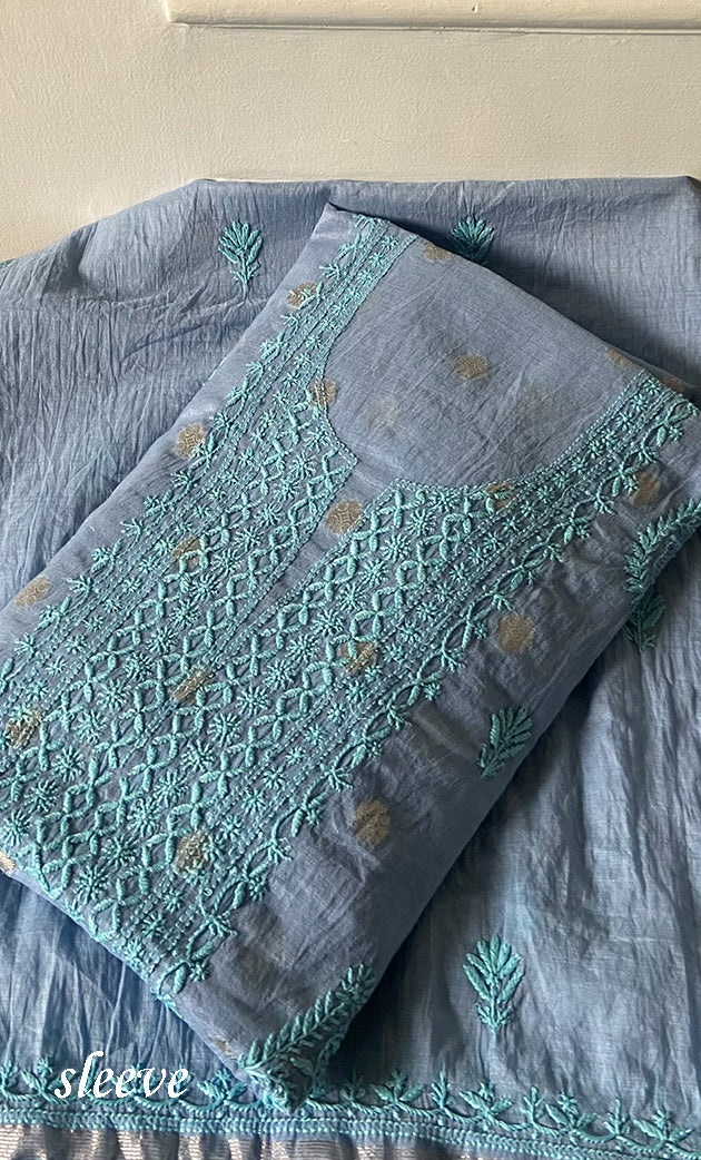 Women's Lakhnavi Handcrafted Mul Chanderi Unstitched Chikankari Full Suit Material - HONC0316858