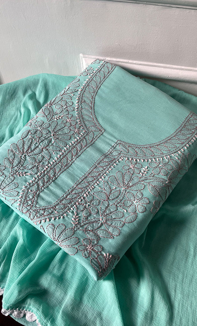 Women's Lakhnavi Handcrafted Unstitched Cotton Chikankari Suit Material - HONC0316588