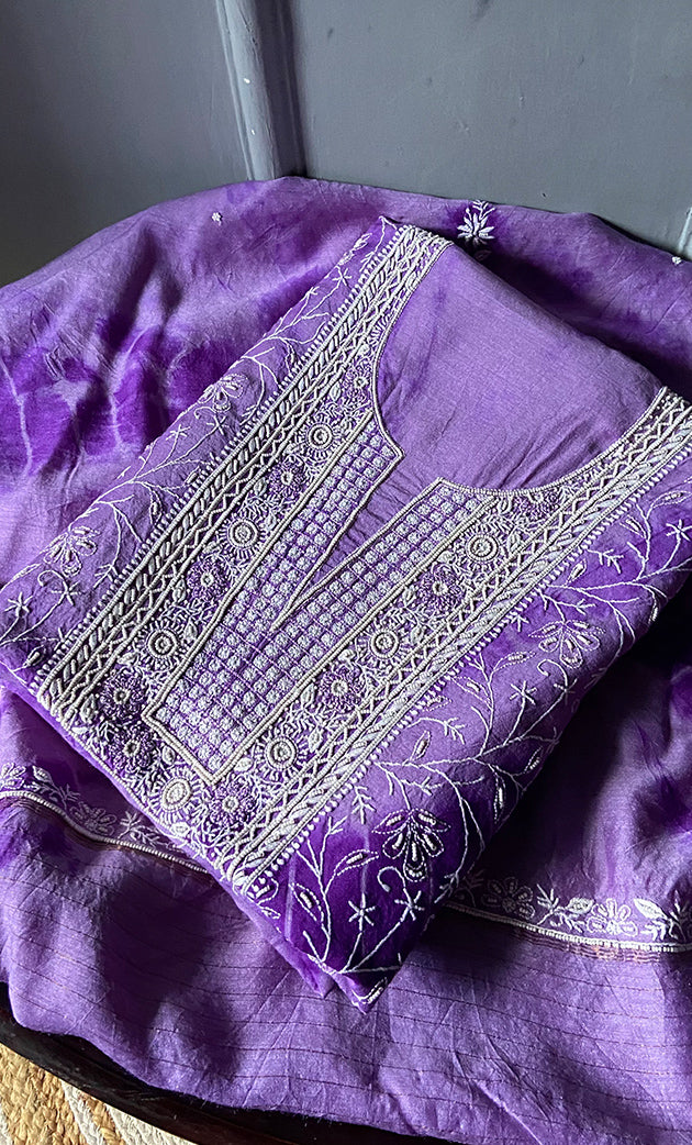 Women's Lakhnavi Handcrafted Munga Silk Chikankari Kurta And Dupatta Set- HONC0256126