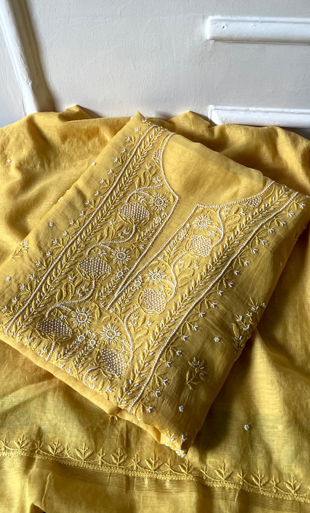 Women's Lakhnavi Handcrafted Mul Chanderi Unstitched Chikankari Full Suit Material - HONC0306982