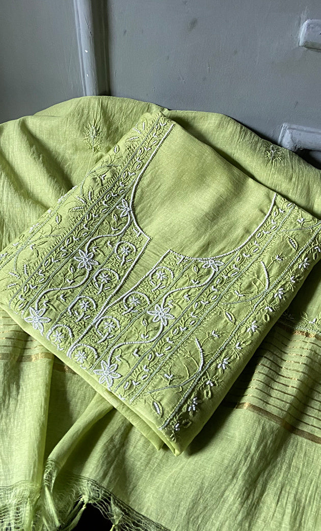 Baseema Women's Lucknowi Handcrafted Chanderi Silk Chikankari Full Suit Material - HONC0278001