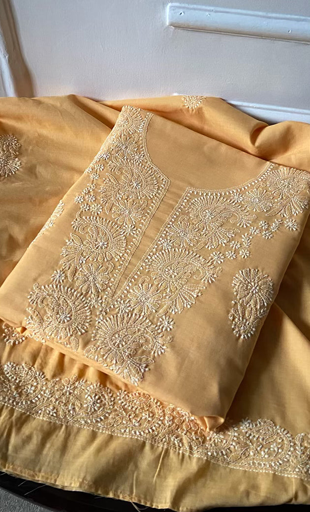 Women's Lakhnavi Handcrafted Unstitched Cotton Chikankari Suit Material - HONC0275097