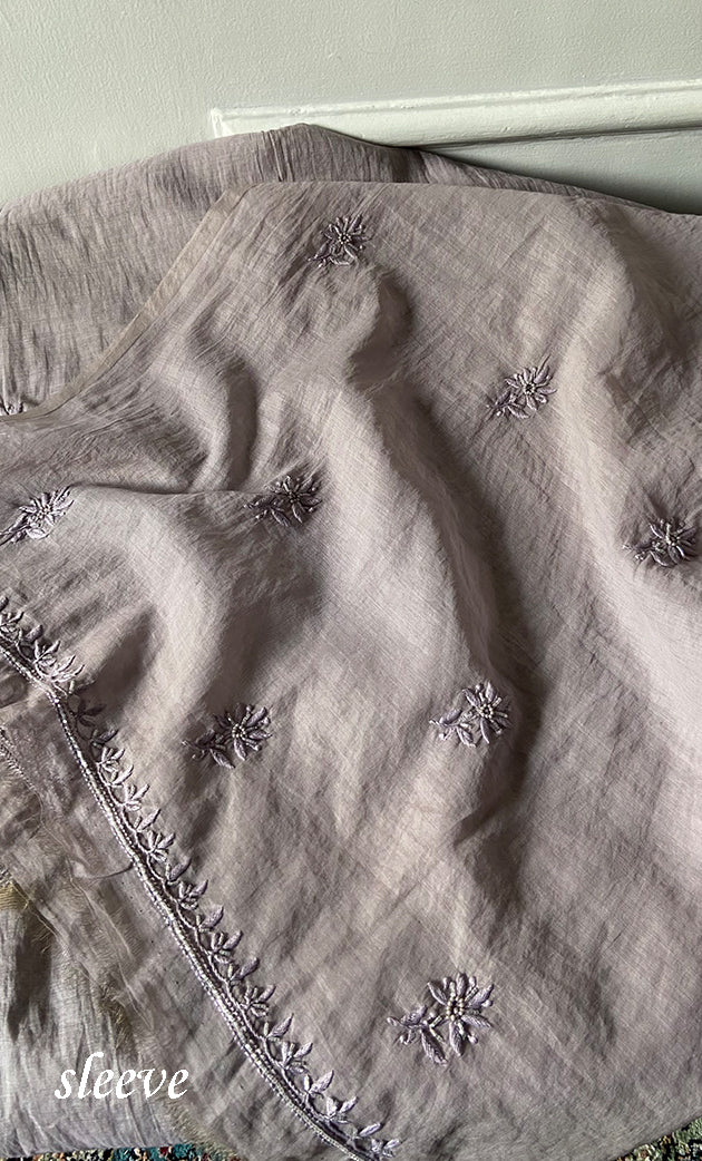 Women's Lakhnavi Handcrafted Mul Chanderi Unstitched Chikankari Full Suit Material - HONC0328112