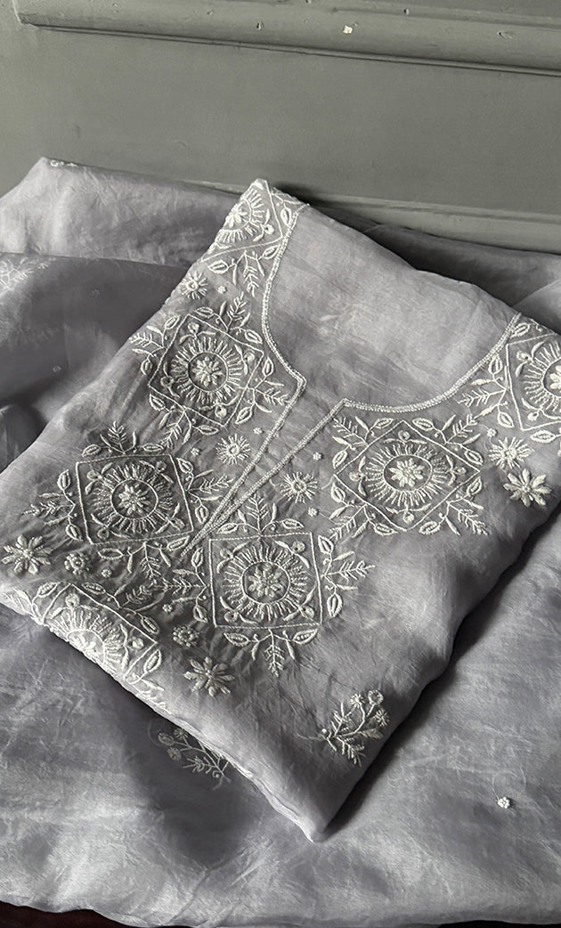 Women's Lakhnavi Handcrafted Pure Organza Chikankari Unstitched Kurta And Dupatta Set- HONC0305191
