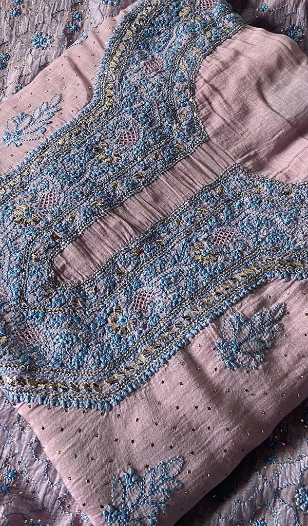 Women's Lakhnavi Handcrafted Mul Chanderi Unstitched Kurta And Dupatta Set - HONC0320354