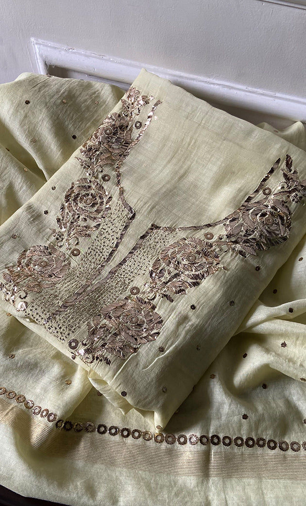 Hunar Women's Lakhnavi Handcrafted Mul Chanderi Unstitched Kurta And Dupatta Set- HONC0300736