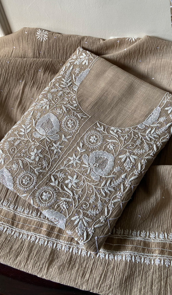 Women's Lakhnavi Handcrafted Unstitched Maheshwari Mul Chanderi Kurta And Dupatta Set - HONC0288968