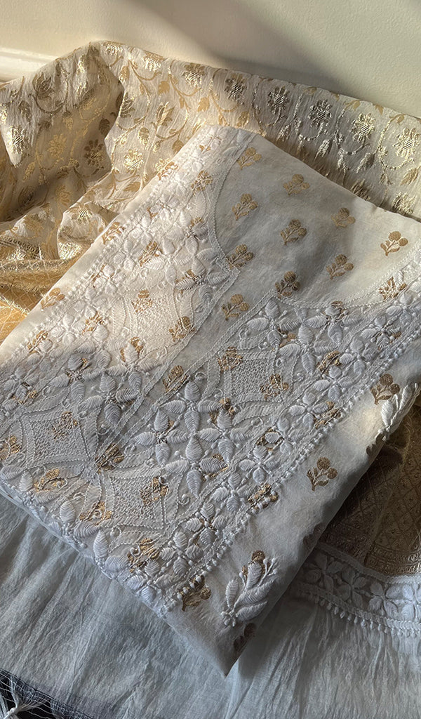 Women's Lucknowi Handcrafted Chanderi Silk Chikankari Kurta Dupatta Set - HONC0295425