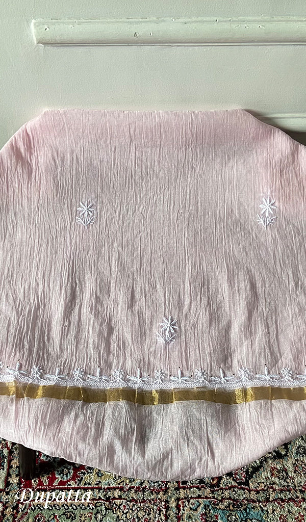 Women's Lakhnavi Handcrafted Mul Chanderi Unstitched Chikankari Full Suit - HONC0367573