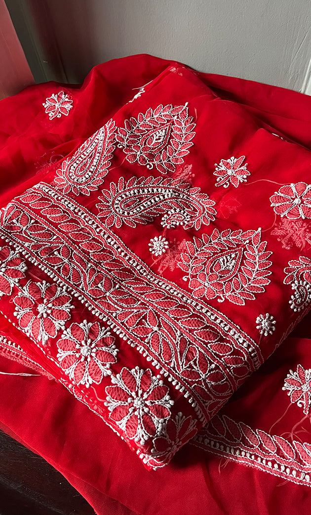 Women's Lakhnavi Handcrafted Unstitched Faux-Georgette Chikankari Suit Material - HONC0311928