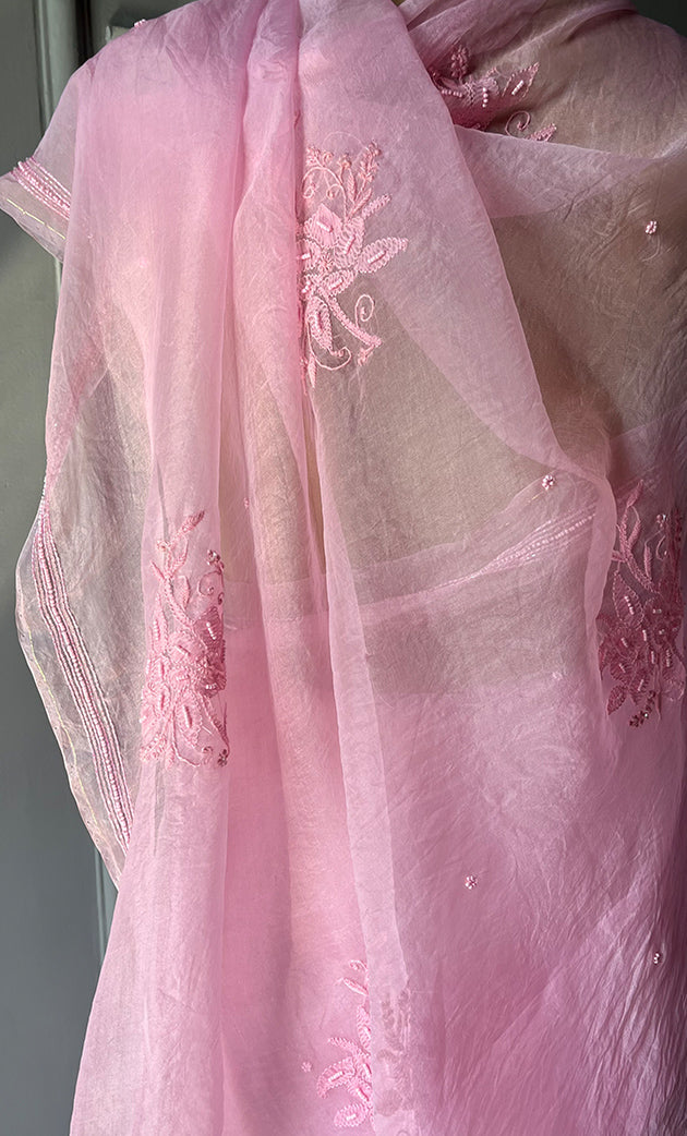 Amna Women's Lucknowi Handcrafted Pure Organza Silk Chikankari Saree - HONC0283191