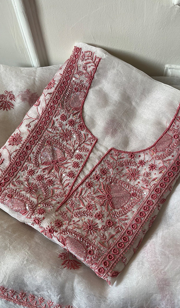 Women's Lakhnavi Handcrafted Pure Organza Chikankari Unstitched Kurta And Dupatta Set- HONC0271903