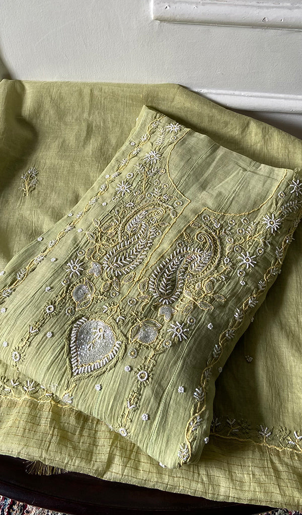 Women's Lakhnavi Handcrafted Mul Chanderi Semi - stitched Chikankari Full Suit Material - HONC0371980
