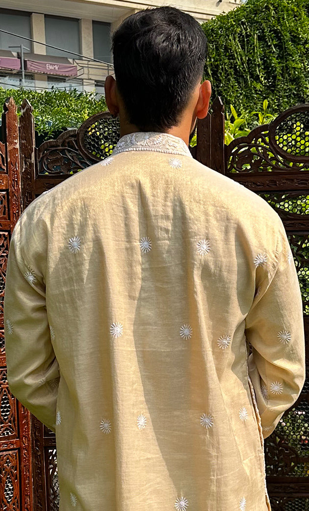 Men's Lucknowi Handcrafted Tissue Chanderi Chikankari Kurta - HONC0321236