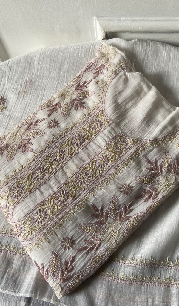 Women's Lakhnavi Handcrafted Mul Chanderi Semi - stitched Kurta And Dupatta Set- HONC0314870