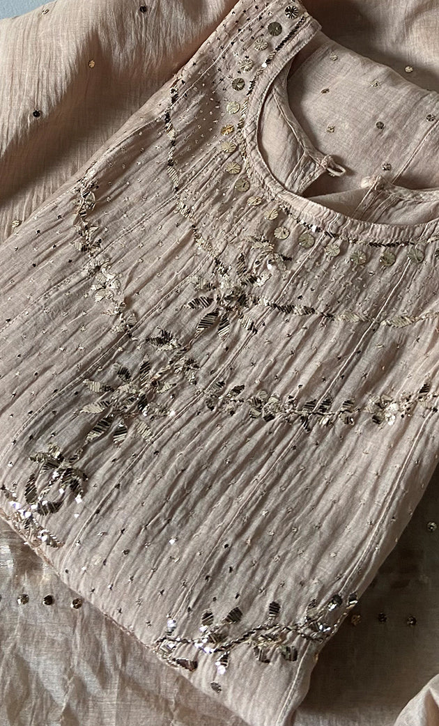 Women's Lakhnavi Handcrafted Mul Chanderi Semi - Stitched Anarkali And Dupatta Set - HONC0339439