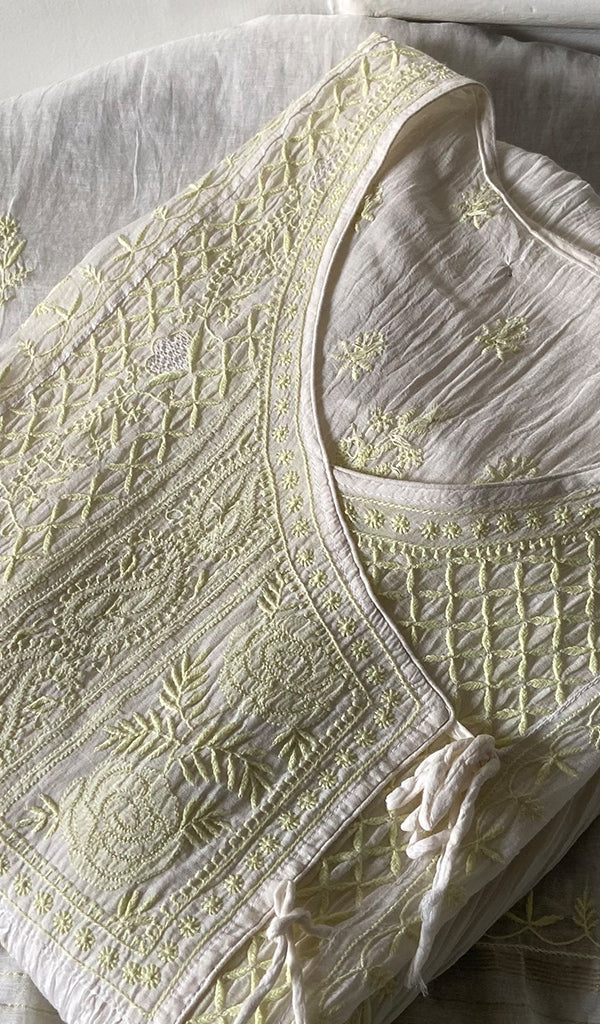 Women's Lakhnavi Handcrafted Mul Chanderi Semi - stitched Angrakha And Dupatta Set - HONC0294983