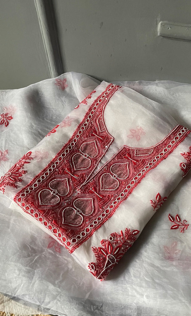 Women's Lakhnavi Handcrafted Pure Organza Chikankari Unstitched Kurta And Dupatta Set-  HONC0288319