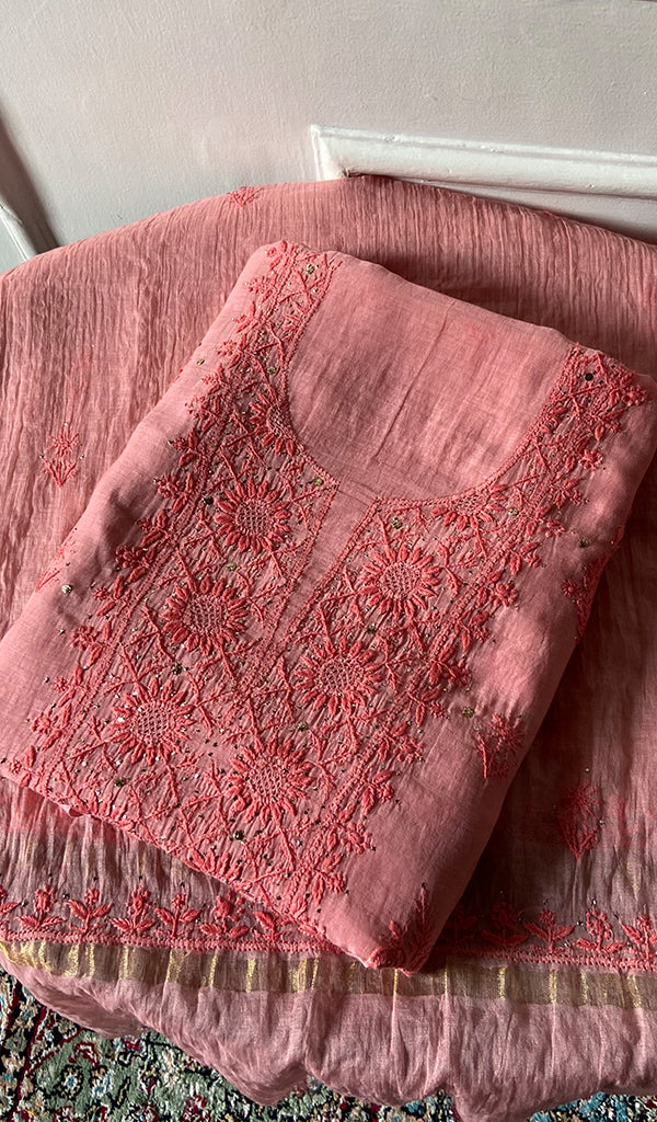 Women's Lakhnavi Handcrafted Mul Chanderi Unstitched Chikankari Full Suit Material - HONC0324508