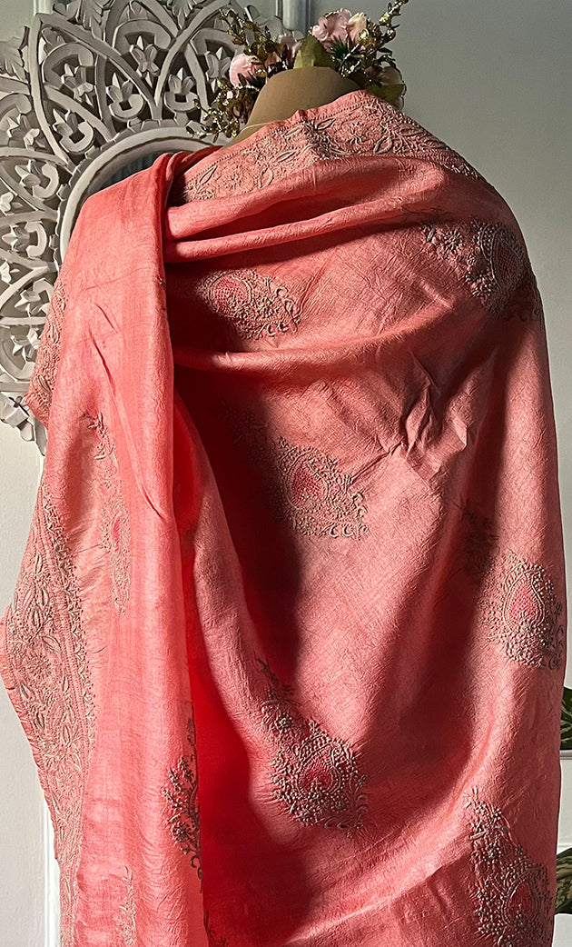 Women's Lakhnavi Handcrafted Tussar Silk Chikankari Saree - HONC0313444