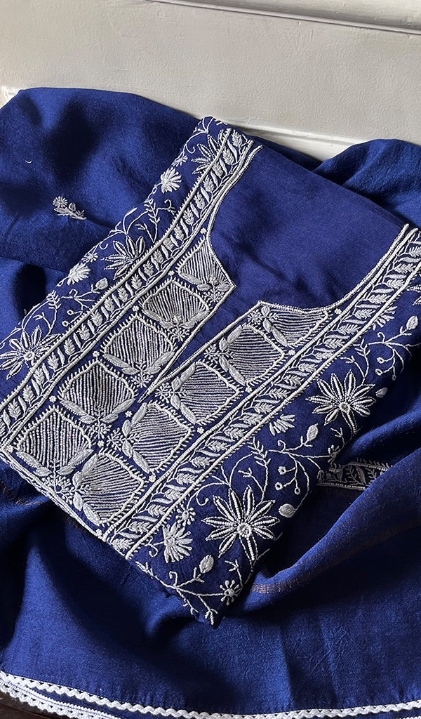 Women's Lakhnavi Handcrafted Munga Silk Chikankari Kurta And Dupatta Set- HONC0273488