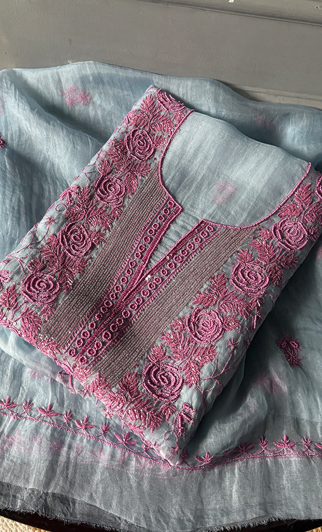 Rose Women's Lakhnavi Handcrafted Pure Organza Chikankari Unstitched Kurta And Dupatta Set- HONC0274530