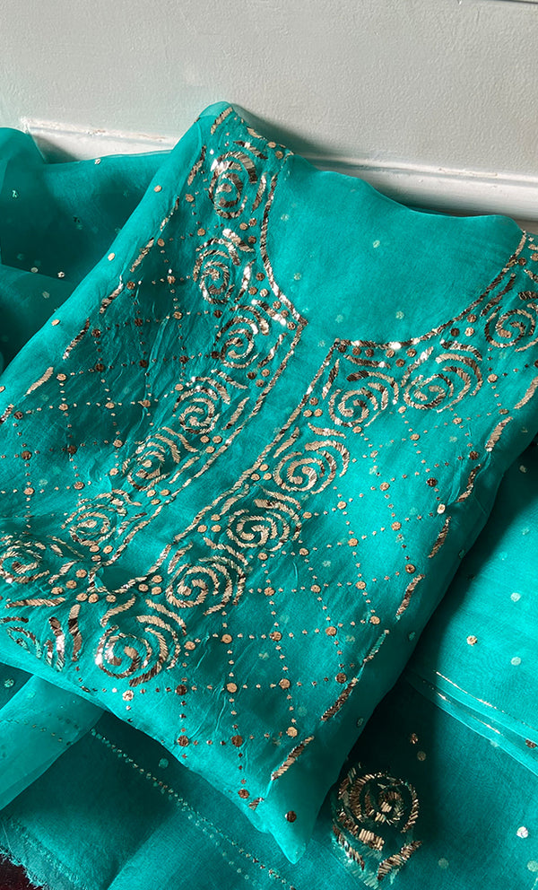 Marifa Women's Lakhnavi Handcrafted Pure Organza Chikankari Unstitched Kurta And Dupatta Set- HONC0299980