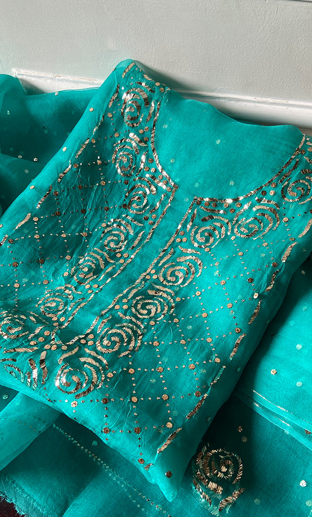 Women's Lakhnavi Handcrafted Pure Organza Chikankari Unstitched Kurta And Dupatta Set- HONC0299980