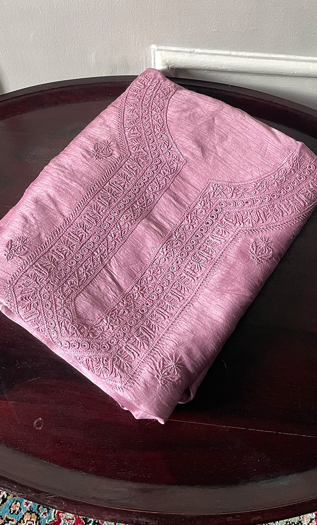 Lucknowi Handcrafted Raw Silk Chikankari Unstitched Men's Kurta Fabric - HONC0288527