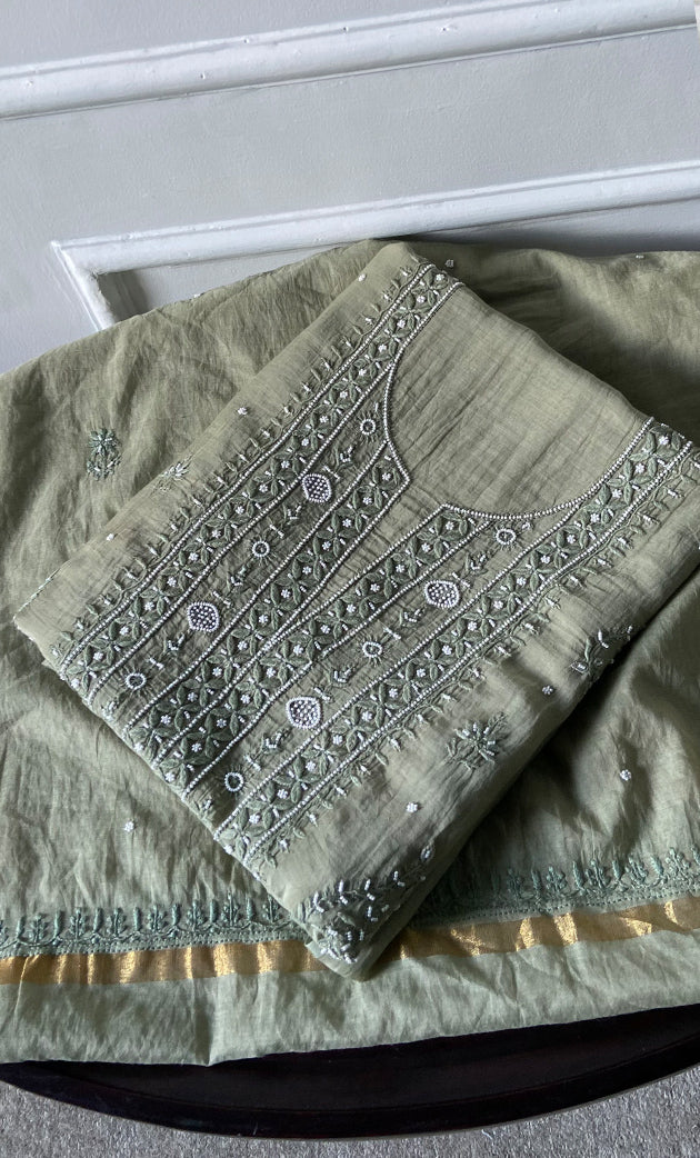 Women's Lakhnavi Handcrafted Mul Chanderi UnStitched Kurta And Dupatta Set - HONC0310811