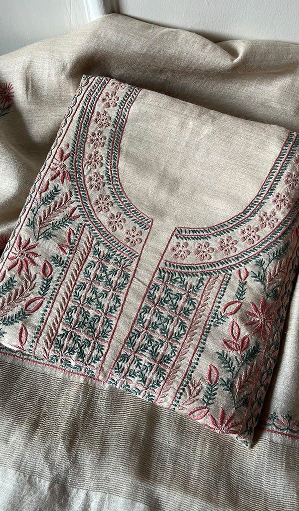 Women's Lakhnavi Handcrafted Munga Silk Chikankari Kurta And Dupatta Set - HONC0255938